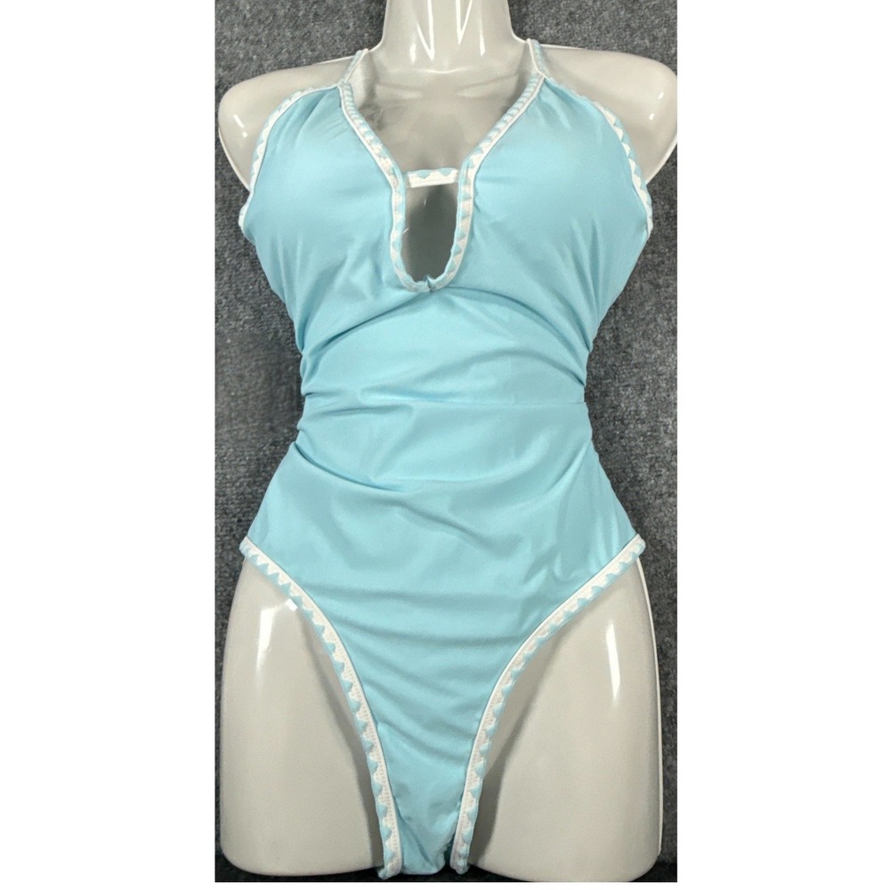 Womens Medium Light Blue One Piece Halter White Trim Keyhole Swimsuit NWOT